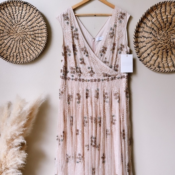 NWT Mac Duggal 93575 Embellished Wrap Over Cap Sleeve A-Line Gown Blush Size 18 - Picture 6 of 16